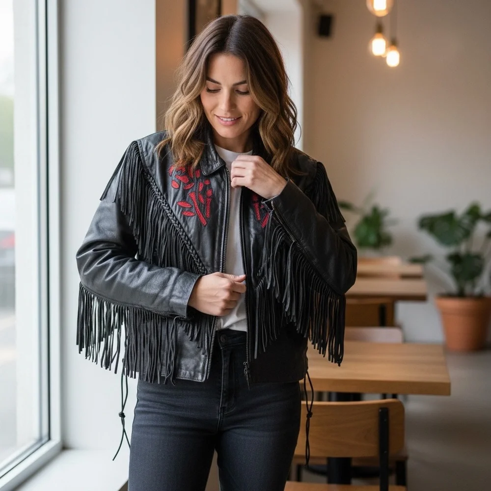 Vintage Leather Rose detail Fringe Bomber Moto Jacket Black Red Ladies Large - Picture 3 of 7